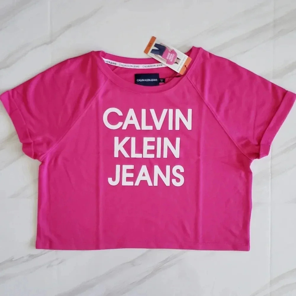 Calvin Klein Jeans Cropped Top French Terry Pink Size XXL Cotton Blend Loose Fit